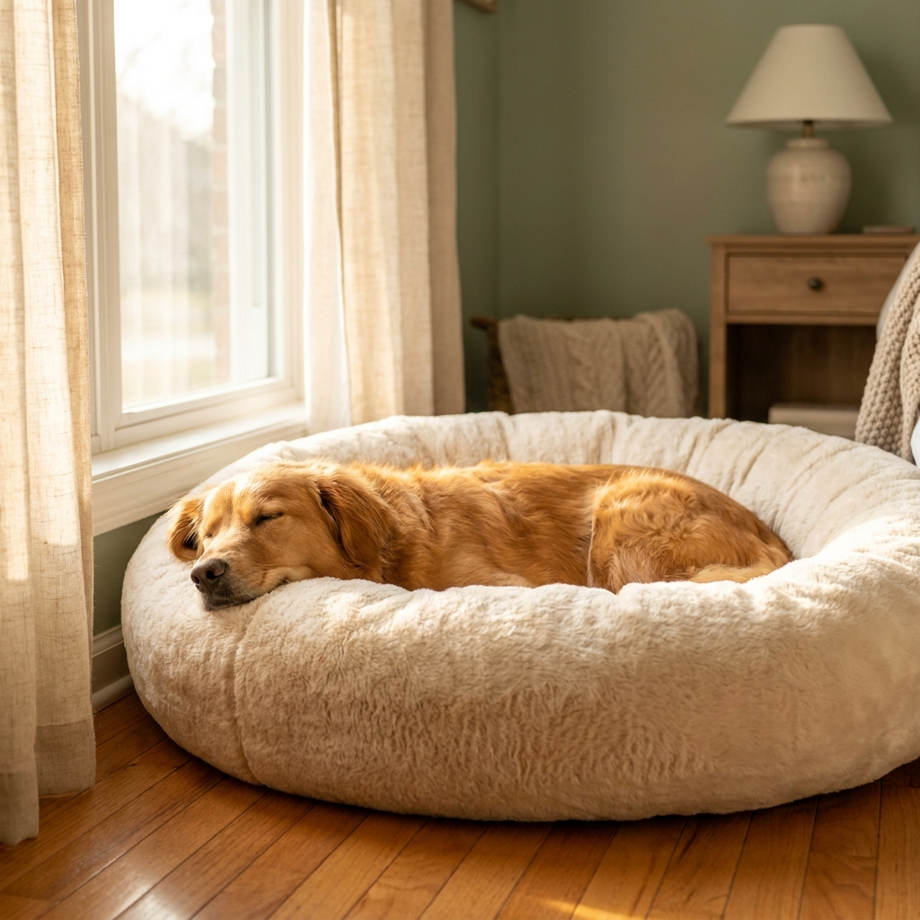 Golden dog sleeping peacefully on cream-colored calming donut bed in warm morning light