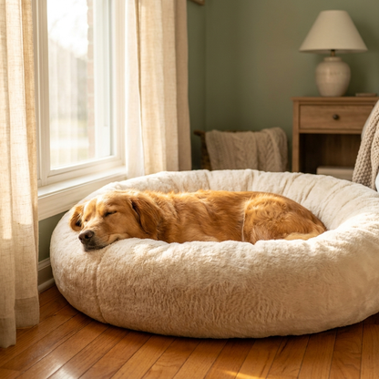Golden dog sleeping peacefully on cream-colored calming donut bed in warm morning light