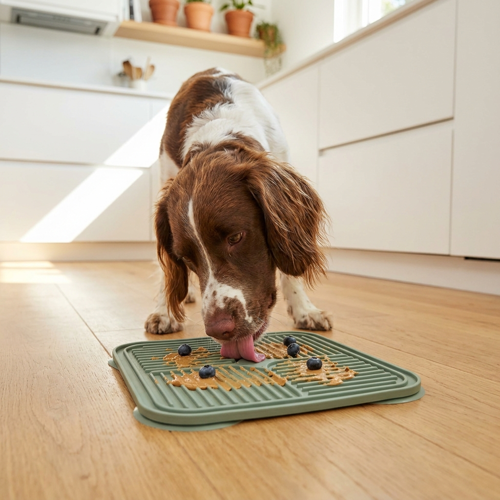 Happy brown-and-white dog licking sage-green silicone enrichment mat in a bright kitchen
