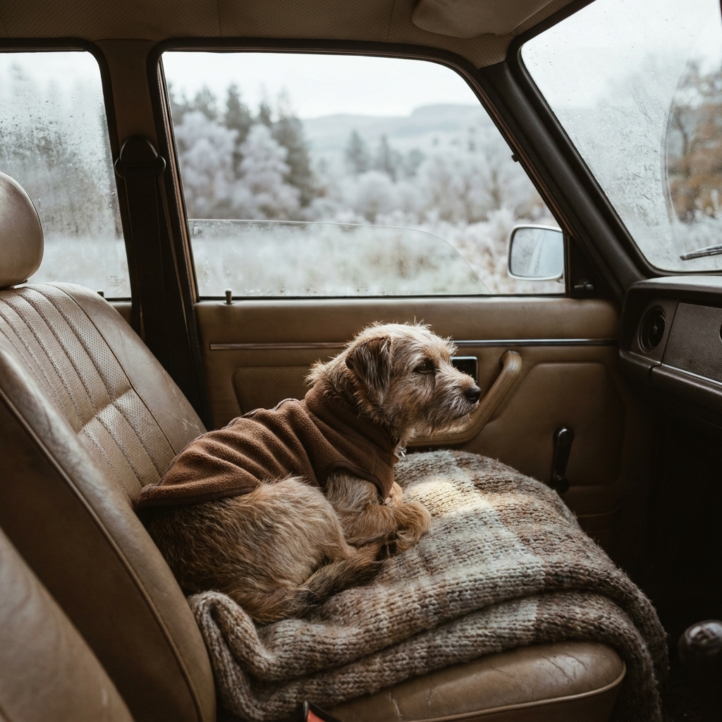 Dog wearing a cozy brown fleece vest curled up on a car seat blanket by the window